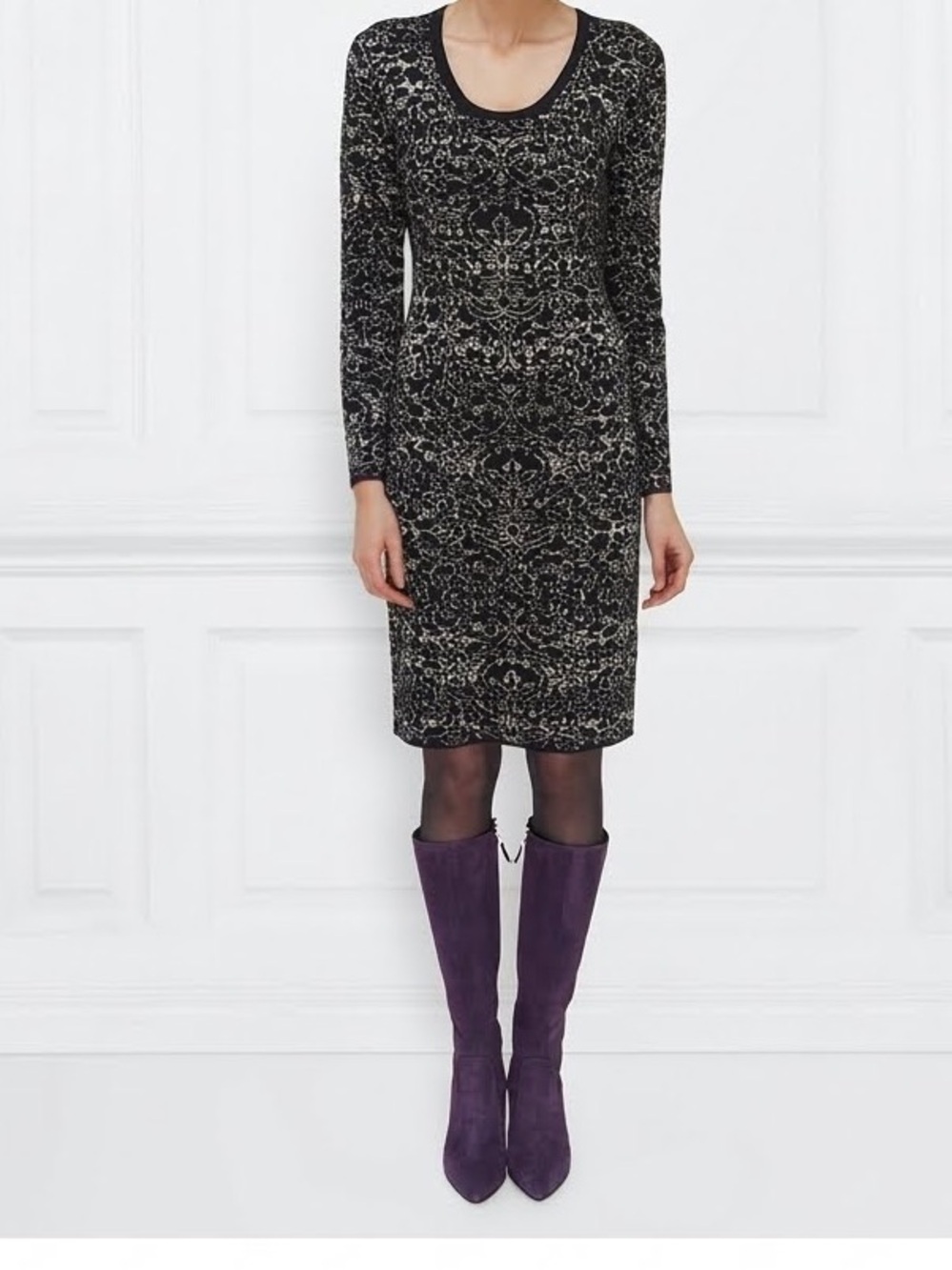 LK Bennett Black & silver Patterned Long Sleeve Knit Dress